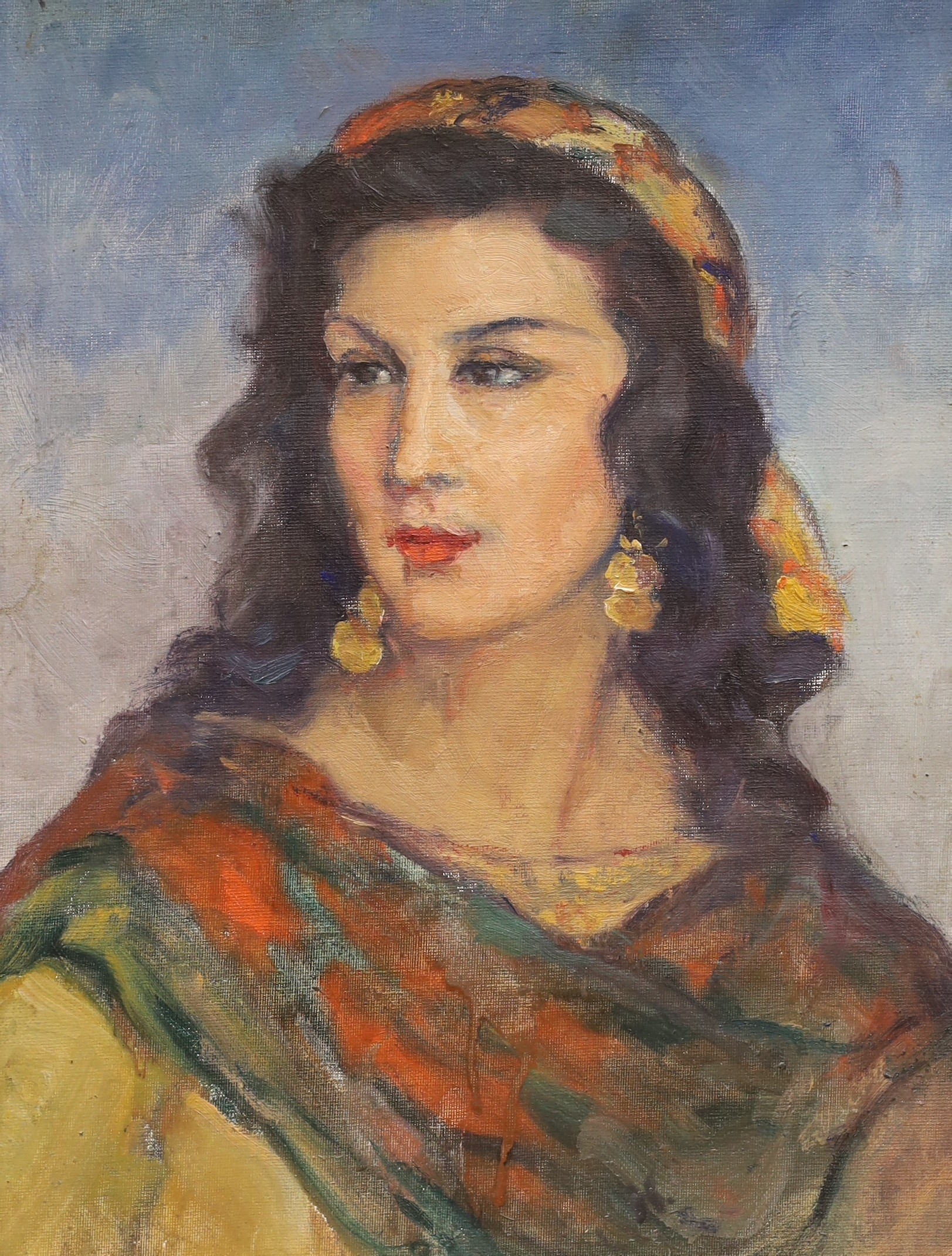 Humbert Vignol, oil on canvas board, Portrait of gypsy woman, indistinctly signed with French label verso, 34 x 25cm